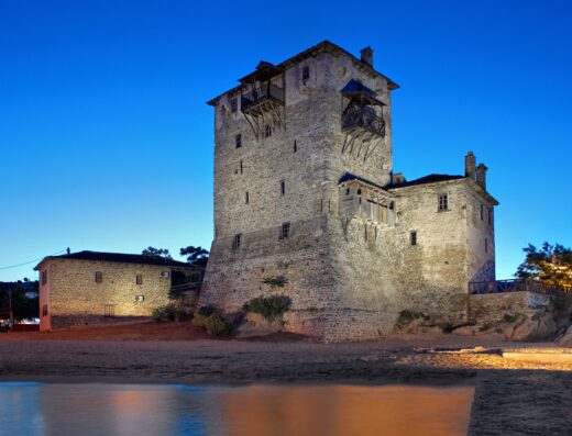 Night caption of the Byzantine tower of Ouranoupolu
