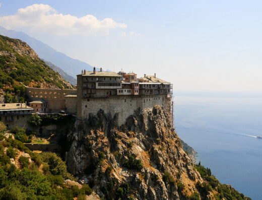 The Simopetra monastery build on a cliff at Mount Athos