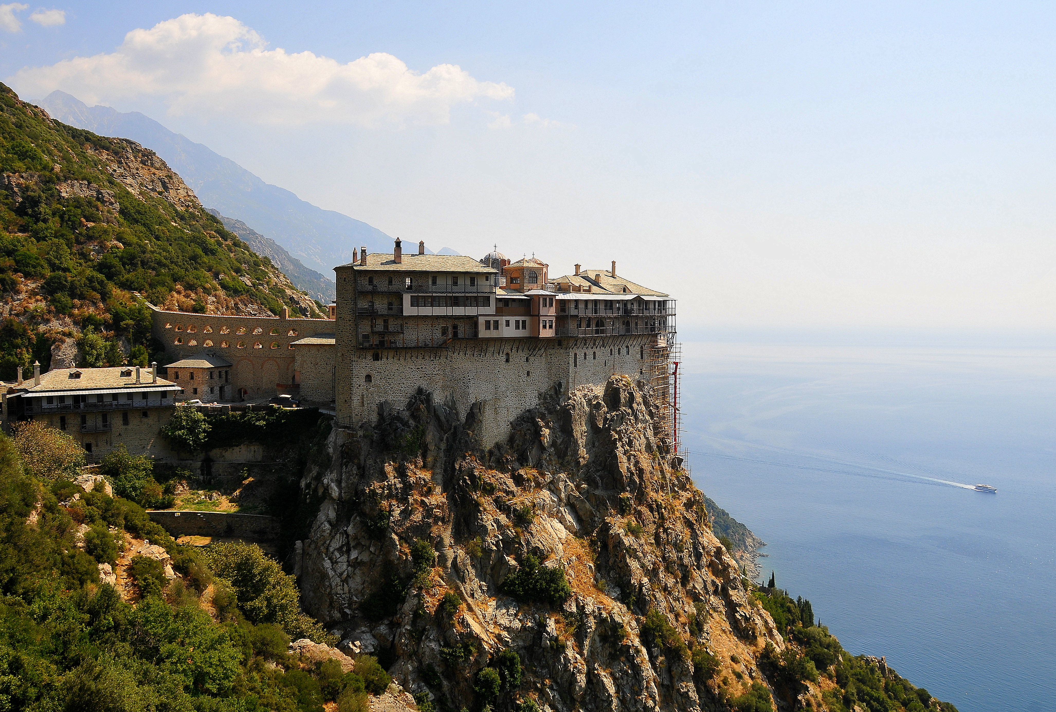 The Simopetra monastery build on a cliff at Mount Athos